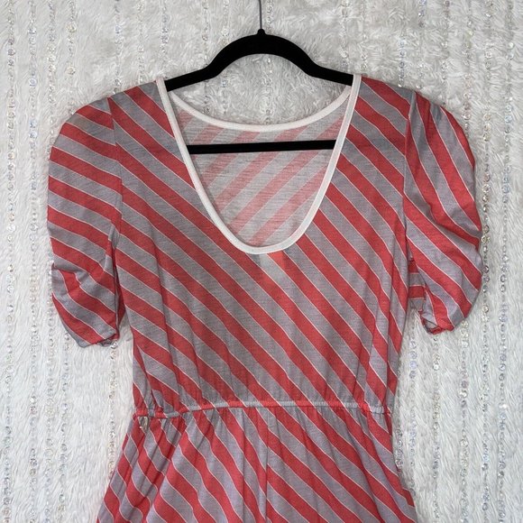 Vintage 80s Timely Trends Sheath Dress Size 9 MEDIUM Red Gray Stripe Puff Sleeve - Picture 4 of 10